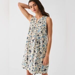 Faherty Isha Linen Dress - Size XS - Blue Floral Cream